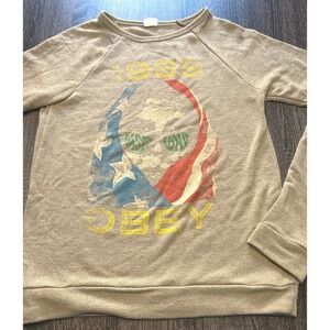 Obey 1989 Graphic Sweatshirt XS Beige Crew Neck Raglan Long Sleeve Pullover